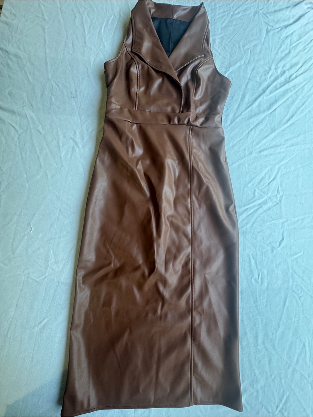 Brown Faux Leather Sleeveless Midi Dress